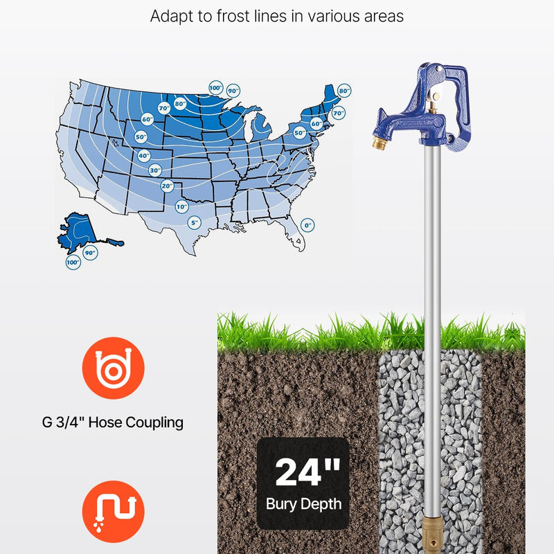 VEVOR salizturīgs dārza hidrants 1,3 m garums, 61 cm ierokamais dziļums, izturīgs čuguns