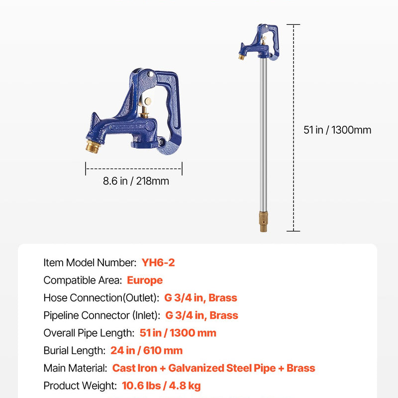 VEVOR salizturīgs dārza hidrants 1,3 m garums, 61 cm ierokamais dziļums, izturīgs čuguns