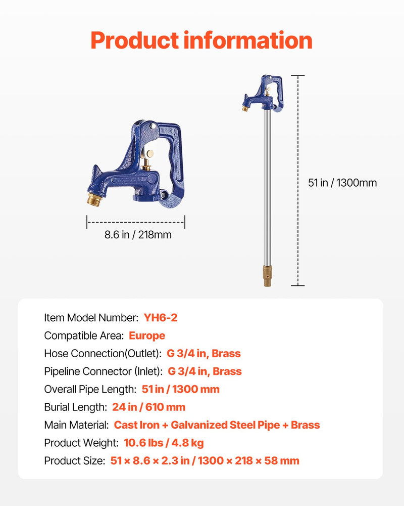 VEVOR salizturīgs dārza hidrants 1,3 m garums, 61 cm ierokamais dziļums, izturīgs čuguns