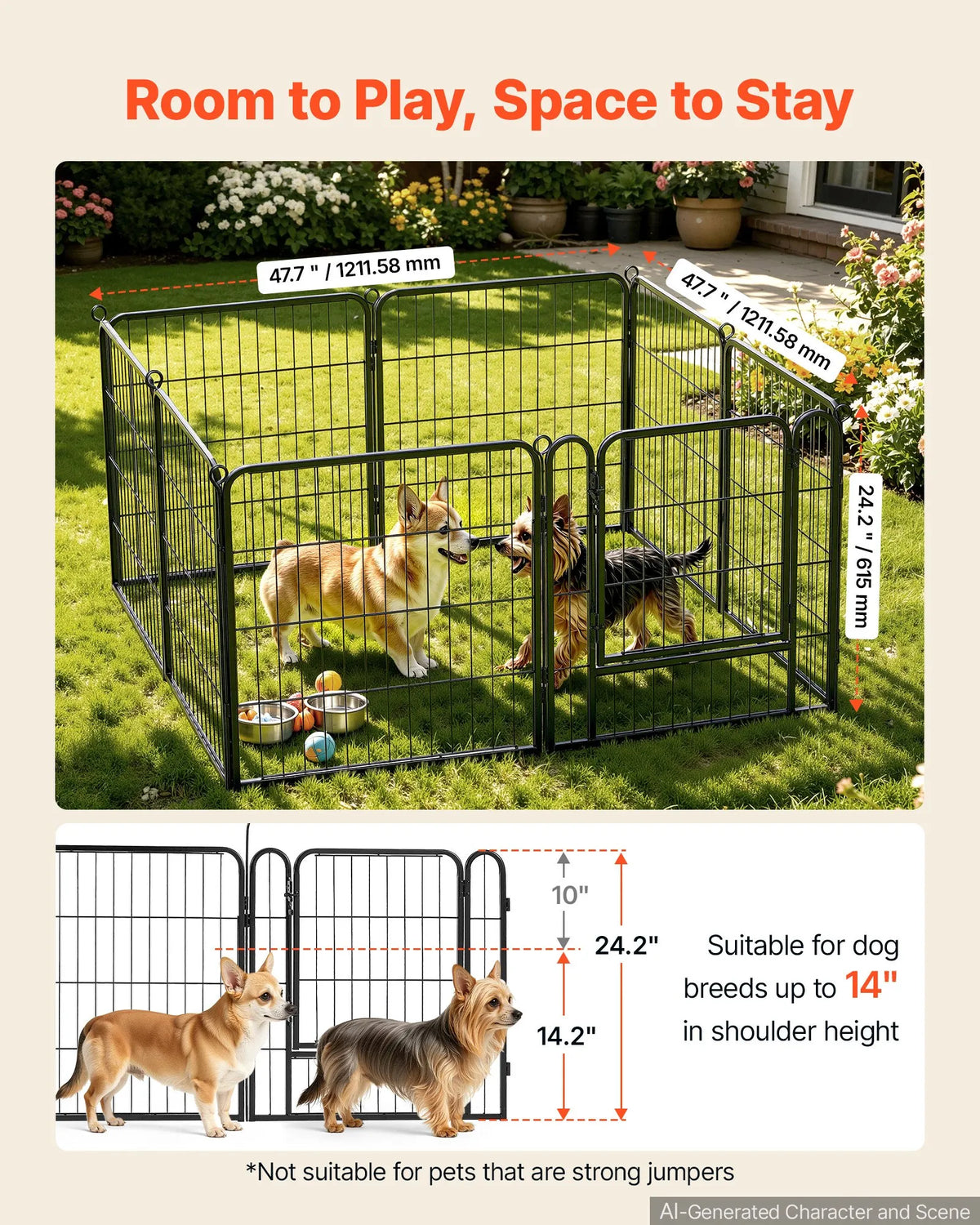 VEVOR saliekams metāla voljērs ar durvīm, 61 cm, 8 paneļi, melns