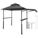 Grila nojume, 2,43 × 1,5 m ar divkāršu jumtu, BBQ nojume ar papildu markīzi, pulverkrāsota tērauda patia grila patversme ar 2 sānu plauktiem, pudeļu attaisāmo un āķiem, āra grilēšanas nojume dārzam