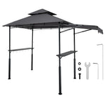 Grila nojume, 2,43 × 1,5 m ar divkāršu jumtu, BBQ nojume ar papildu markīzi, pulverkrāsota tērauda patia grila patversme ar 2 sānu plauktiem, pudeļu attaisāmo un āķiem, āra grilēšanas nojume dārzam