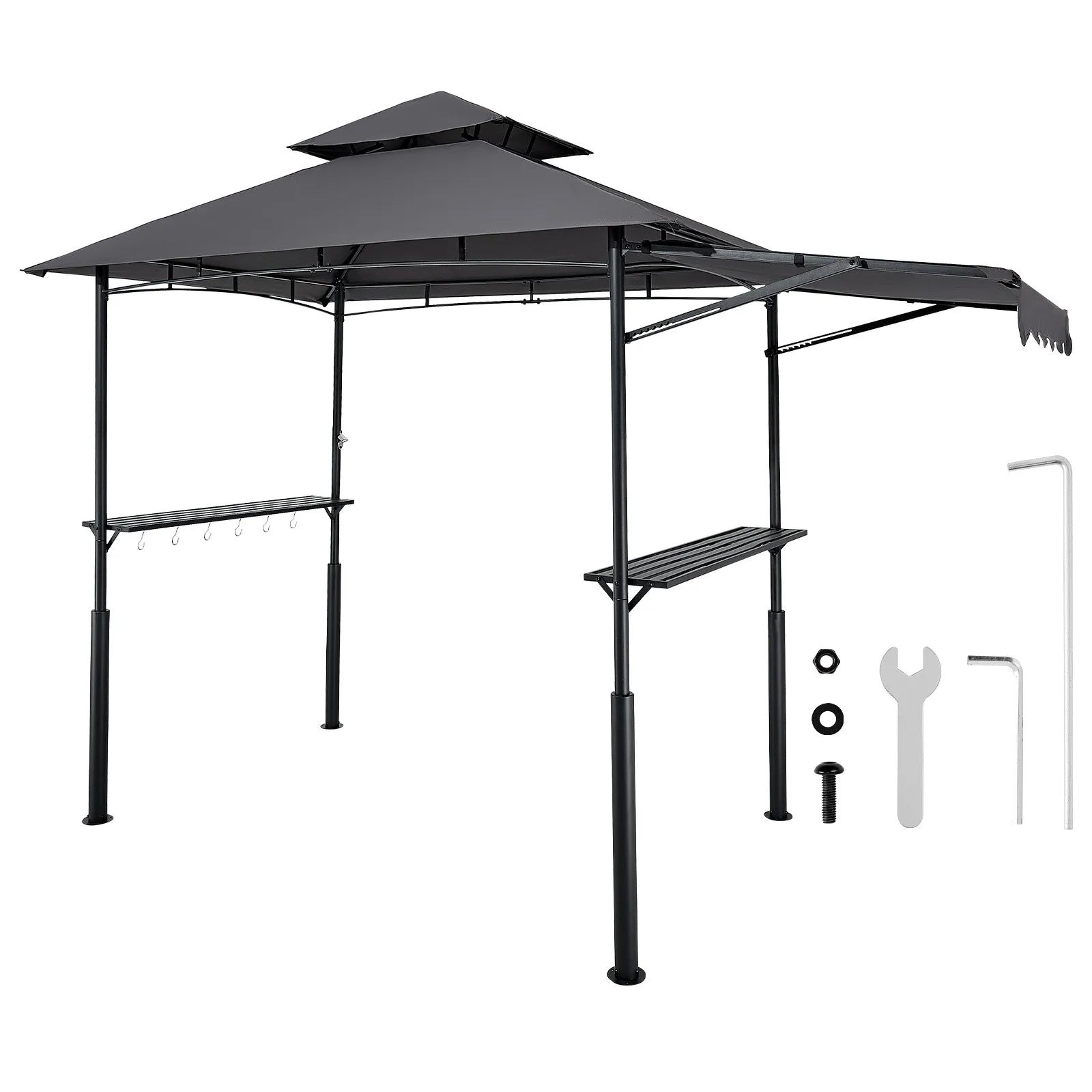 Grila nojume, 2,43 × 1,5 m ar divkāršu jumtu, BBQ nojume ar papildu markīzi, pulverkrāsota tērauda patia grila patversme ar 2 sānu plauktiem, pudeļu attaisāmo un āķiem, āra grilēšanas nojume dārzam
