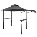 Grila nojume, 2,43 × 1,5 m ar divkāršu jumtu, BBQ nojume ar papildu markīzi, pulverkrāsota tērauda patia grila patversme ar 2 sānu plauktiem, pudeļu attaisāmo un āķiem, āra grilēšanas nojume dārzam