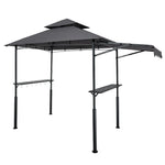 Grila nojume, 2,43 × 1,5 m ar divkāršu jumtu, BBQ nojume ar papildu markīzi, pulverkrāsota tērauda patia grila patversme ar 2 sānu plauktiem, pudeļu attaisāmo un āķiem, āra grilēšanas nojume dārzam