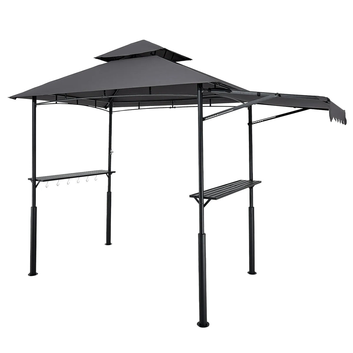 Grila nojume, 2,43 × 1,5 m ar divkāršu jumtu, BBQ nojume ar papildu markīzi, pulverkrāsota tērauda patia grila patversme ar 2 sānu plauktiem, pudeļu attaisāmo un āķiem, āra grilēšanas nojume dārzam