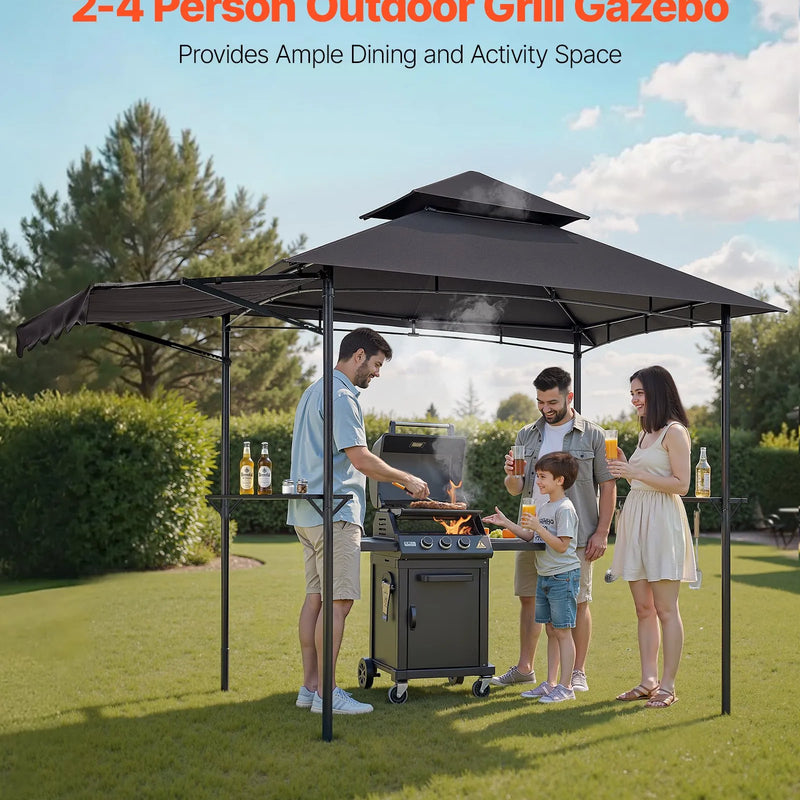 Grila nojume, 2,43 × 1,5 m ar divkāršu jumtu, BBQ nojume ar papildu markīzi, pulverkrāsota tērauda patia grila patversme ar 2 sānu plauktiem, pudeļu attaisāmo un āķiem, āra grilēšanas nojume dārzam