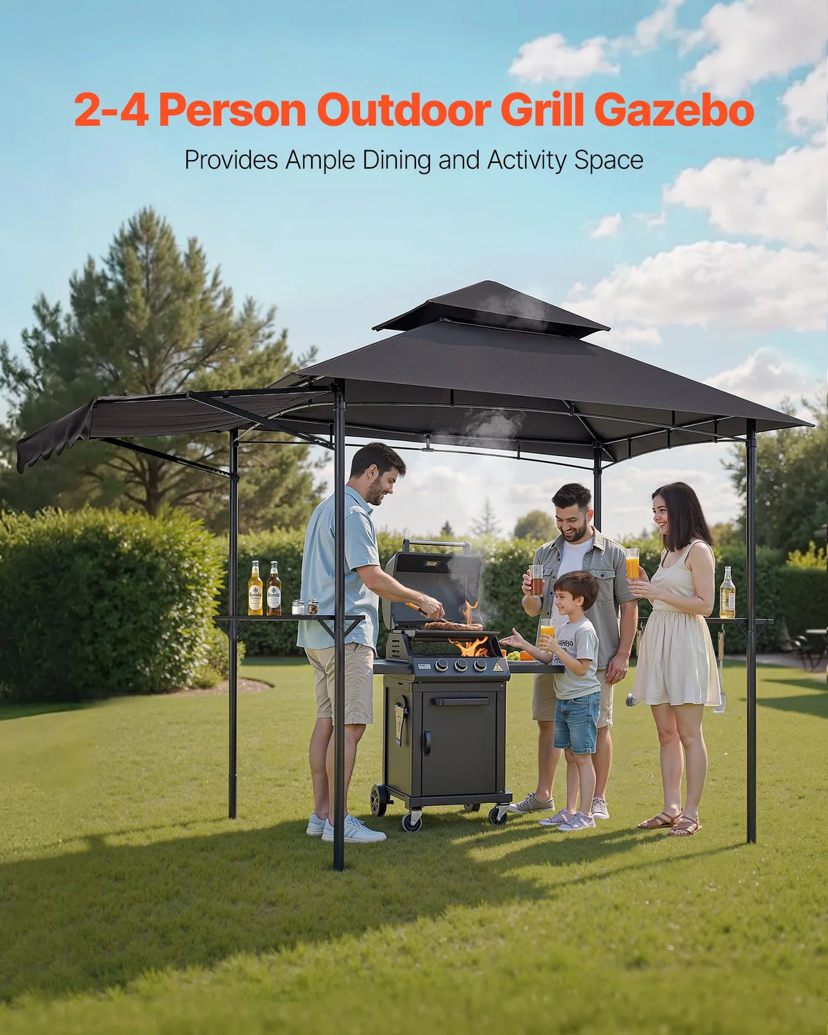 Grila nojume, 2,43 × 1,5 m ar divkāršu jumtu, BBQ nojume ar papildu markīzi, pulverkrāsota tērauda patia grila patversme ar 2 sānu plauktiem, pudeļu attaisāmo un āķiem, āra grilēšanas nojume dārzam