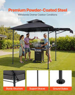 Grila nojume, 2,43 × 1,5 m ar divkāršu jumtu, BBQ nojume ar papildu markīzi, pulverkrāsota tērauda patia grila patversme ar 2 sānu plauktiem, pudeļu attaisāmo un āķiem, āra grilēšanas nojume dārzam