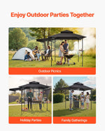 Grila nojume, 2,43 × 1,5 m ar divkāršu jumtu, BBQ nojume ar papildu markīzi, pulverkrāsota tērauda patia grila patversme ar 2 sānu plauktiem, pudeļu attaisāmo un āķiem, āra grilēšanas nojume dārzam
