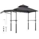 Grila nojume, 2,43 × 1,5 m ar divkāršu jumtu, BBQ nojume ar papildu markīzi, pulverkrāsota tērauda patia grila patversme ar 2 sānu plauktiem, pudeļu attaisāmo un āķiem, āra grilēšanas nojume dārzam
