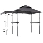Grila nojume, 2,43 × 1,5 m ar divkāršu jumtu, BBQ nojume ar papildu markīzi, pulverkrāsota tērauda patia grila patversme ar 2 sānu plauktiem, pudeļu attaisāmo un āķiem, āra grilēšanas nojume dārzam