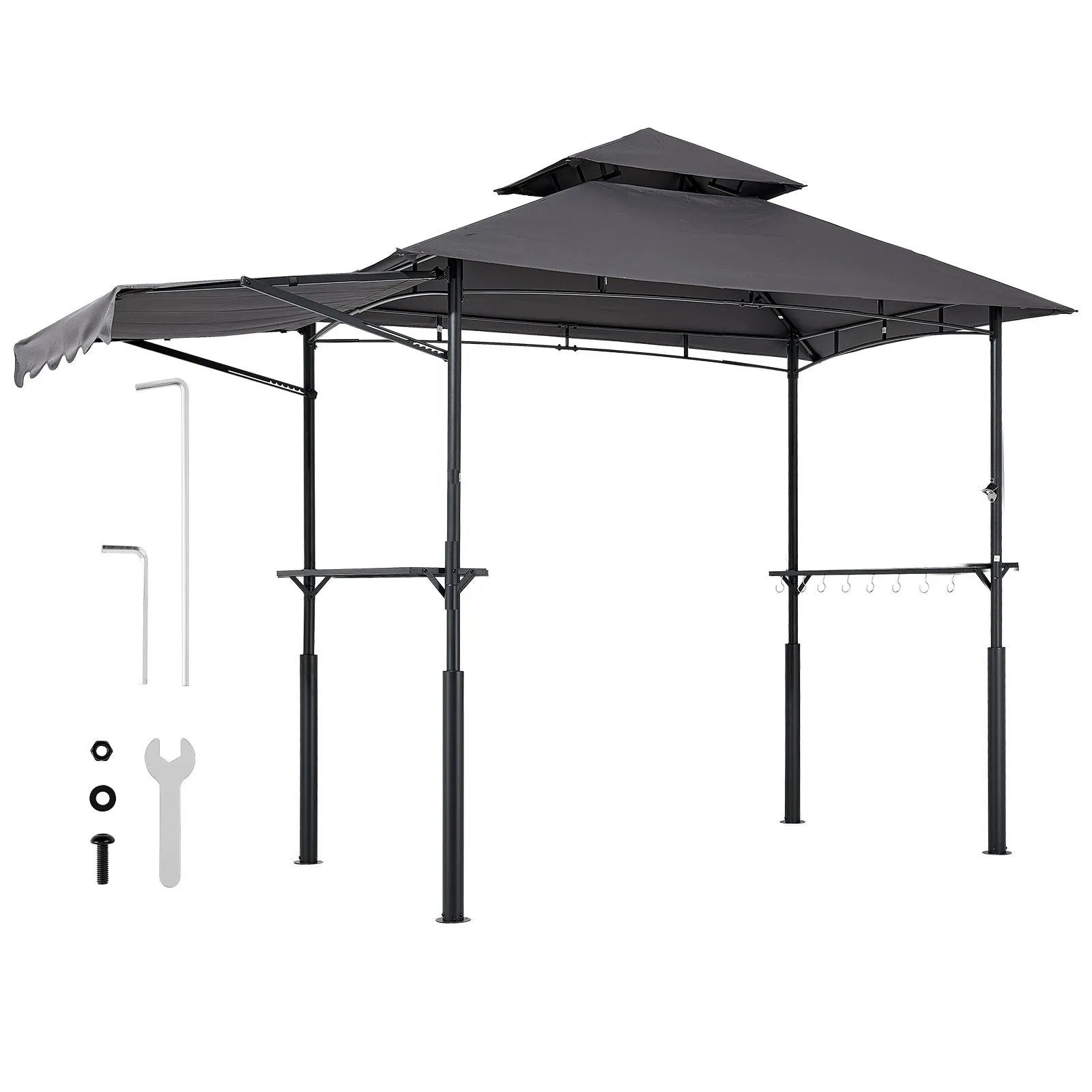 Grila nojume, 2,43 × 1,5 m ar divkāršu jumtu, BBQ nojume ar papildu markīzi, pulverkrāsota tērauda patia grila patversme ar 2 sānu plauktiem, pudeļu attaisāmo un āķiem, āra grilēšanas nojume dārzam