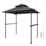 Grila nojume, 2,43 × 1,5 m āra BBQ nojume ar divslāņu jumtu, pulverkrāsota tērauda terases nojume ar 2 sānu plauktiem un 8 āķiem, grilēšanas nojume terasei, pagalmam, dārzam vai piknikam