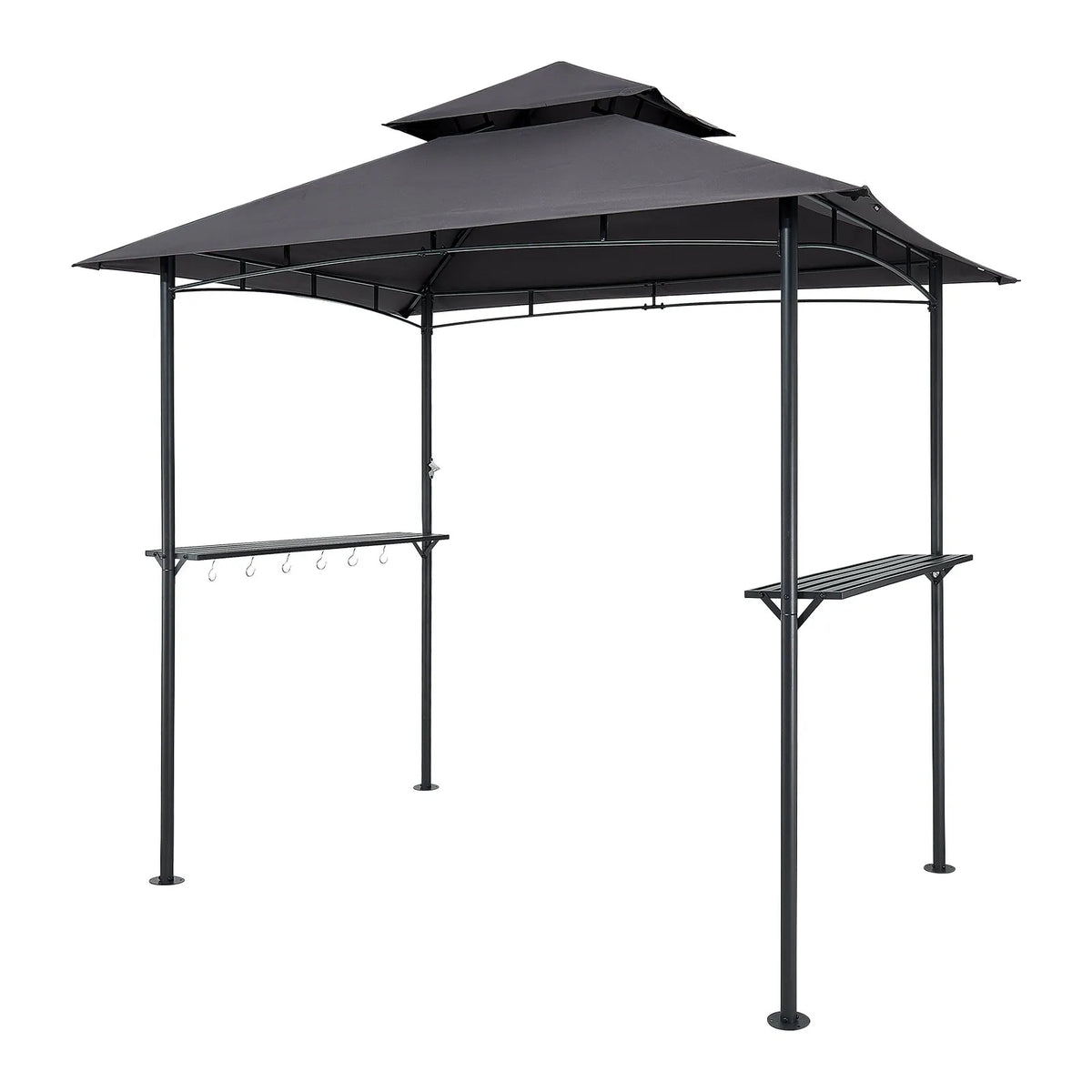Grila nojume, 2,43 × 1,5 m āra BBQ nojume ar divslāņu jumtu, pulverkrāsota tērauda terases nojume ar 2 sānu plauktiem un 8 āķiem, grilēšanas nojume terasei, pagalmam, dārzam vai piknikam