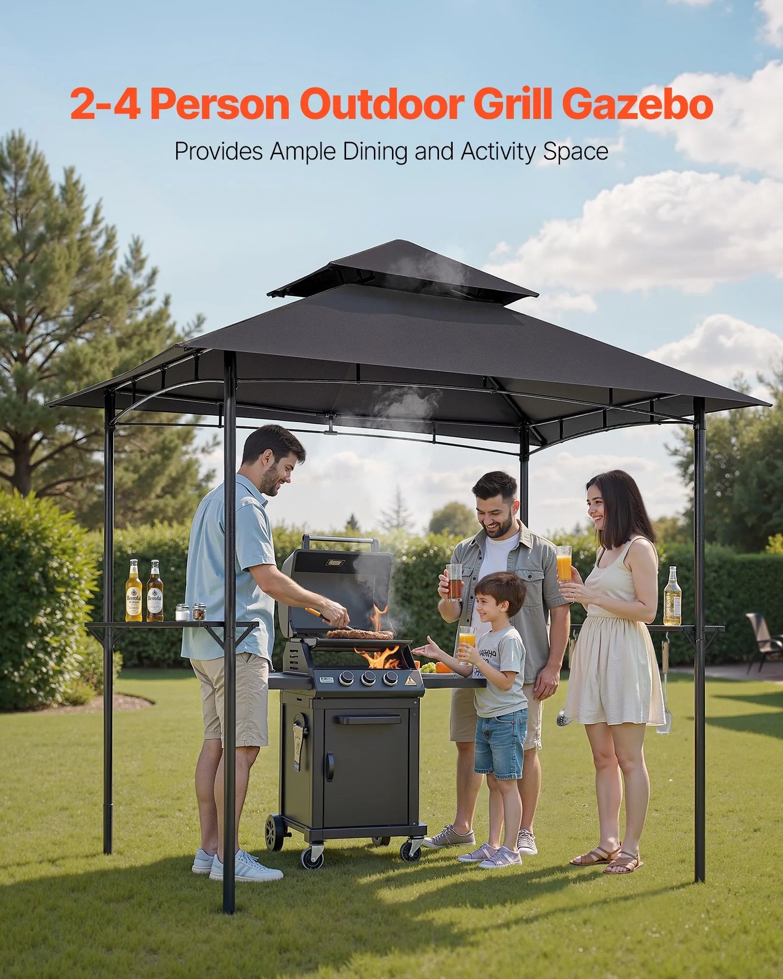 Grila nojume, 2,43 × 1,5 m āra BBQ nojume ar divslāņu jumtu, pulverkrāsota tērauda terases nojume ar 2 sānu plauktiem un 8 āķiem, grilēšanas nojume terasei, pagalmam, dārzam vai piknikam
