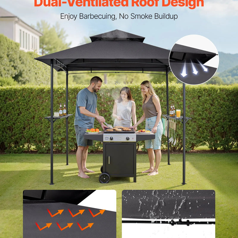 Grila nojume, 2,43 × 1,5 m āra BBQ nojume ar divslāņu jumtu, pulverkrāsota tērauda terases nojume ar 2 sānu plauktiem un 8 āķiem, grilēšanas nojume terasei, pagalmam, dārzam vai piknikam