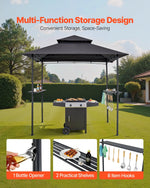 Grila nojume, 2,43 × 1,5 m āra BBQ nojume ar divslāņu jumtu, pulverkrāsota tērauda terases nojume ar 2 sānu plauktiem un 8 āķiem, grilēšanas nojume terasei, pagalmam, dārzam vai piknikam