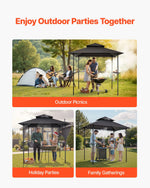 Grila nojume, 2,43 × 1,5 m āra BBQ nojume ar divslāņu jumtu, pulverkrāsota tērauda terases nojume ar 2 sānu plauktiem un 8 āķiem, grilēšanas nojume terasei, pagalmam, dārzam vai piknikam