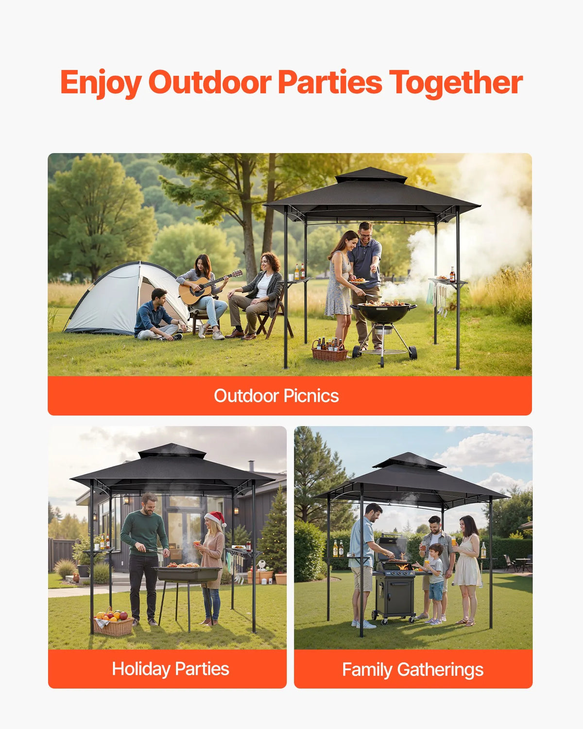 Grila nojume, 2,43 × 1,5 m āra BBQ nojume ar divslāņu jumtu, pulverkrāsota tērauda terases nojume ar 2 sānu plauktiem un 8 āķiem, grilēšanas nojume terasei, pagalmam, dārzam vai piknikam