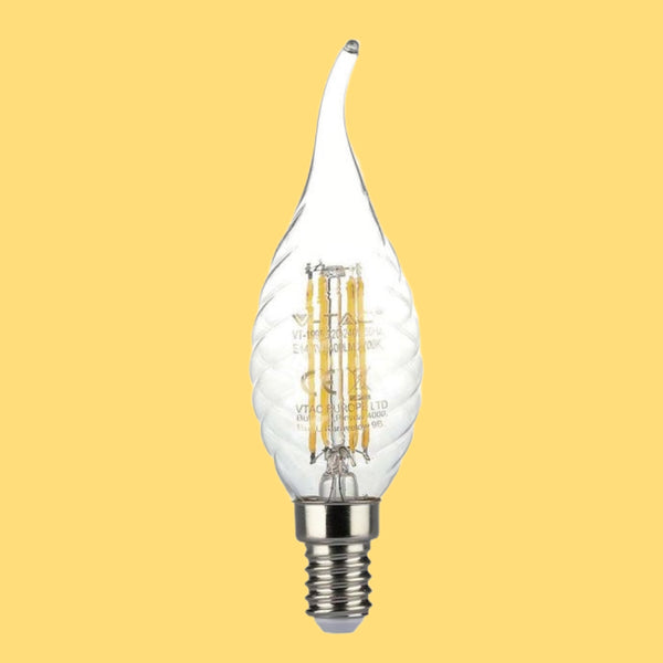 E14 4W(400Lm) LED Filament Bulb, IP20, glass, grooved, candle shape, V-TAC, warm white light 3000K