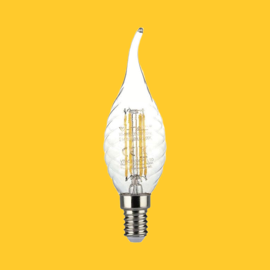 E14 4W(400Lm) LED Filament Glödlampa, IP20, glas, korrugerad, ljusformad, V-TAC, neutralvitt ljus 4000K