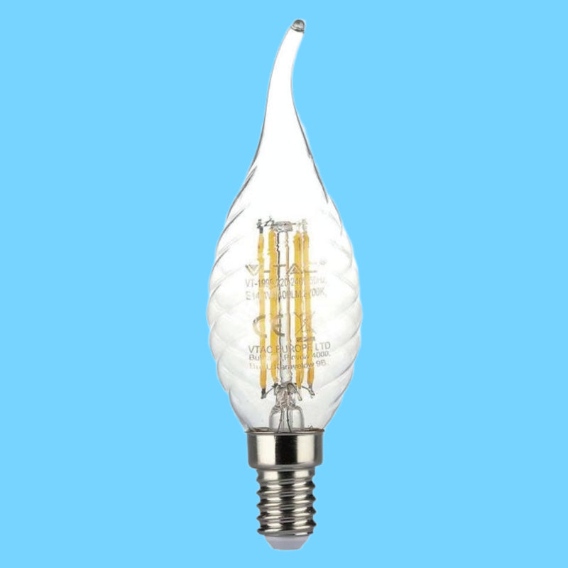 E14 4W(400Lm) LED Filament Spuldze, IP20, stikla, rievota, sveces forma, V-TAC, auksti balta gaisma 6500K