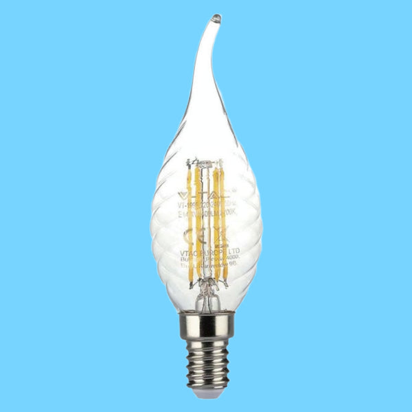 E14 4W(400Lm) LED Filament Bulb, IP20, glass, grooved, candle shape, V-TAC, cold white light 6500K