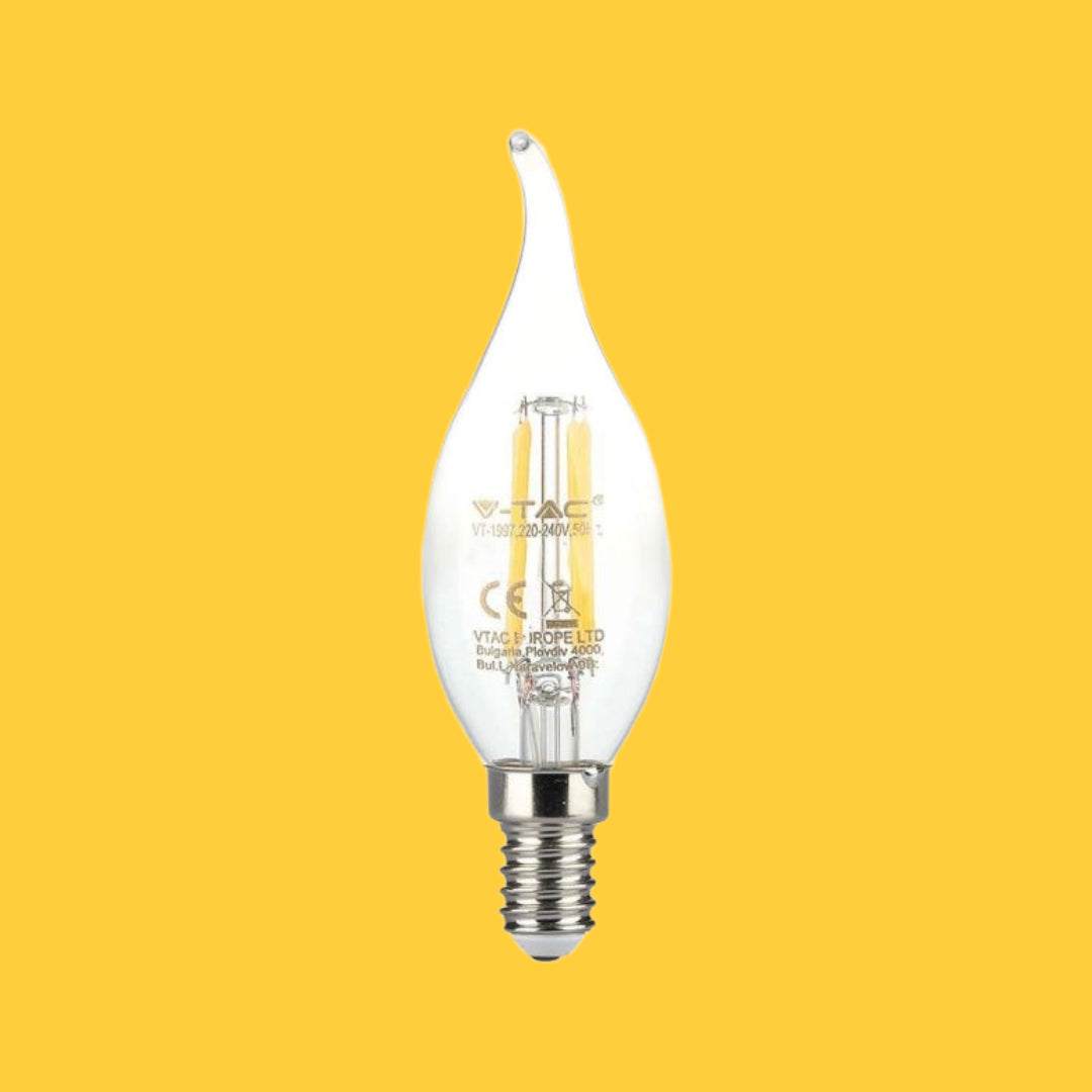 E14 4W(400Lm) LED Filament Bulb, IP20, стекло, форма свечи, V-TAC, теплый белый свет 3000K