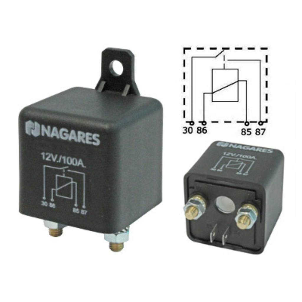 12V 100ASlēdža relejs Jaudas modelis, 100A, 4-pin. 2 x M6 + 2 x 6,3mm, B-coupling