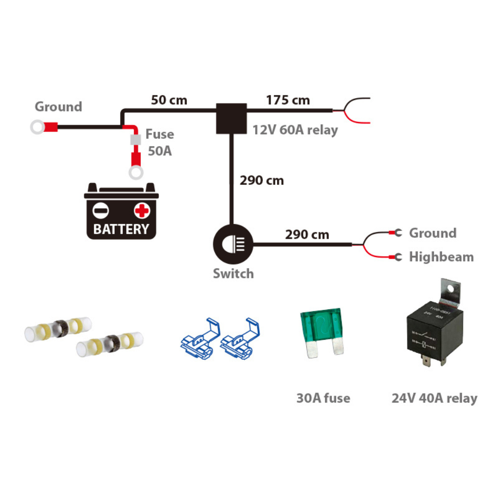 Elektroinstalācijas  komplekts, 12V 60A un 24V 40A releju, 50A un 30A drošinātājus.