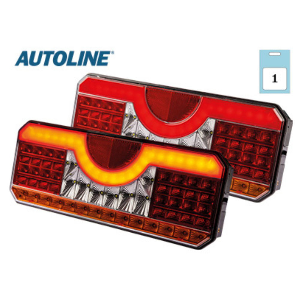 12-24V Autoline LED aizmugurējais kombinēts lukturis: labais, bremzes, gabarītlukturis, miglas lukturis, atpakaļgaitas lukturis, numura zīmes apgaismojums, rež. indikators, trīsstūra reflektors, IP67, skrūves 150mm, kabelis 200mm, 354x140x58mm
