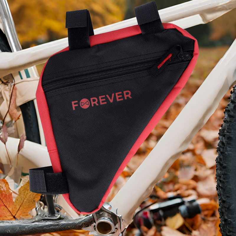 Bicycle frame bag with zipper and fastening clips, waterproof, red with black