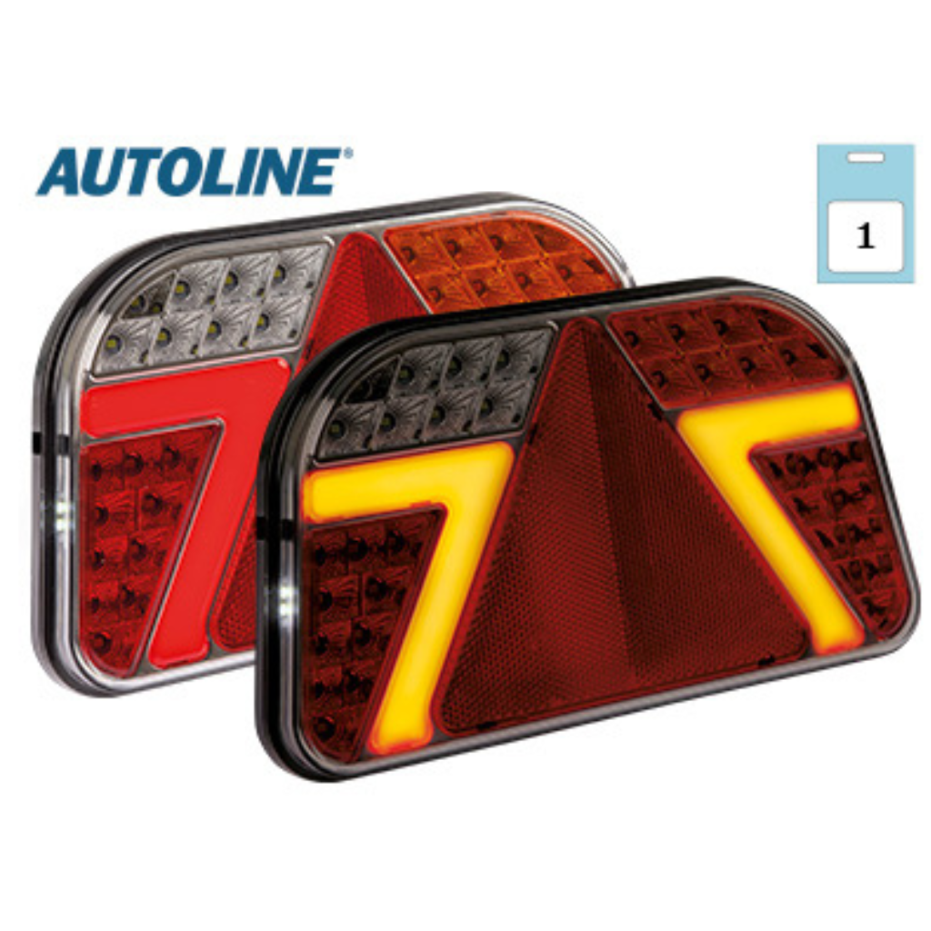 12-24V Autoline LED Rear Combination Lamp: left, brake, marker, fog, reversing, number plate, mode indicator, triangular reflector, IP67, screws 152mm, cable 250mm, 240x140x31mm