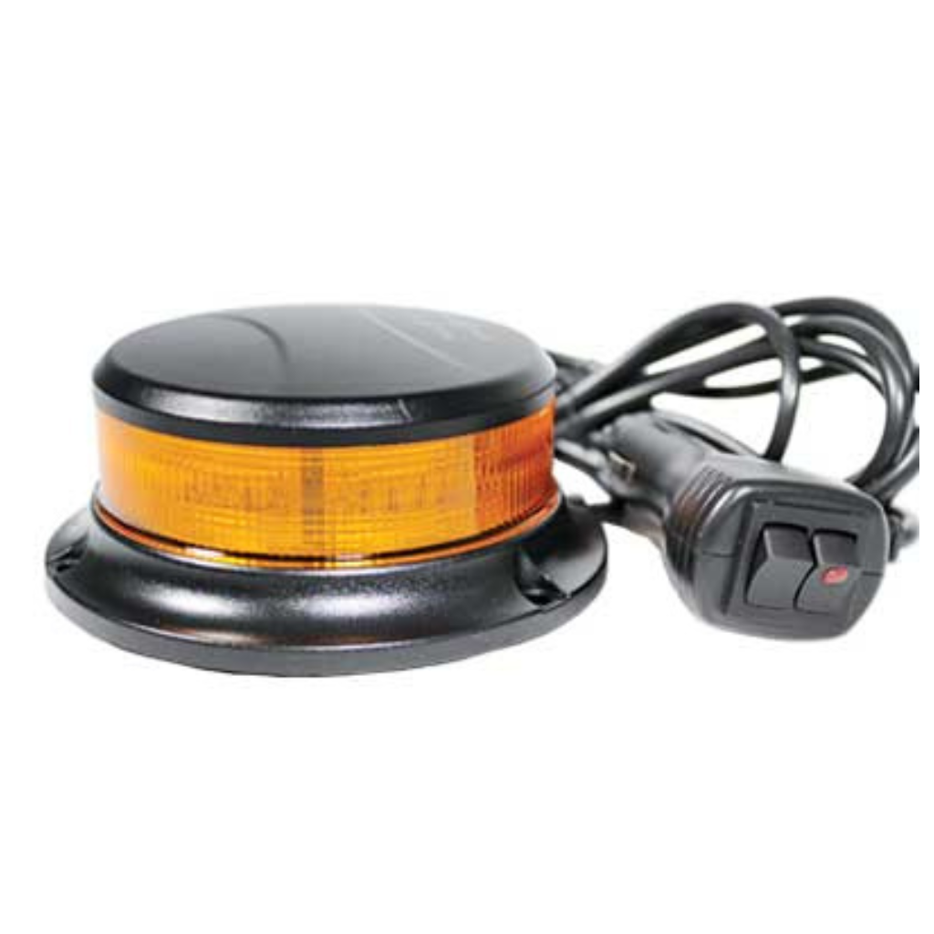 12-24V LED-blixt, ø112x48mm, gul, magnet, 42W, 10 blixtar, kabel 2,5 m, cigarettändaruttag med. ECE R65/R10, IP67, -40°C ... +65°C
