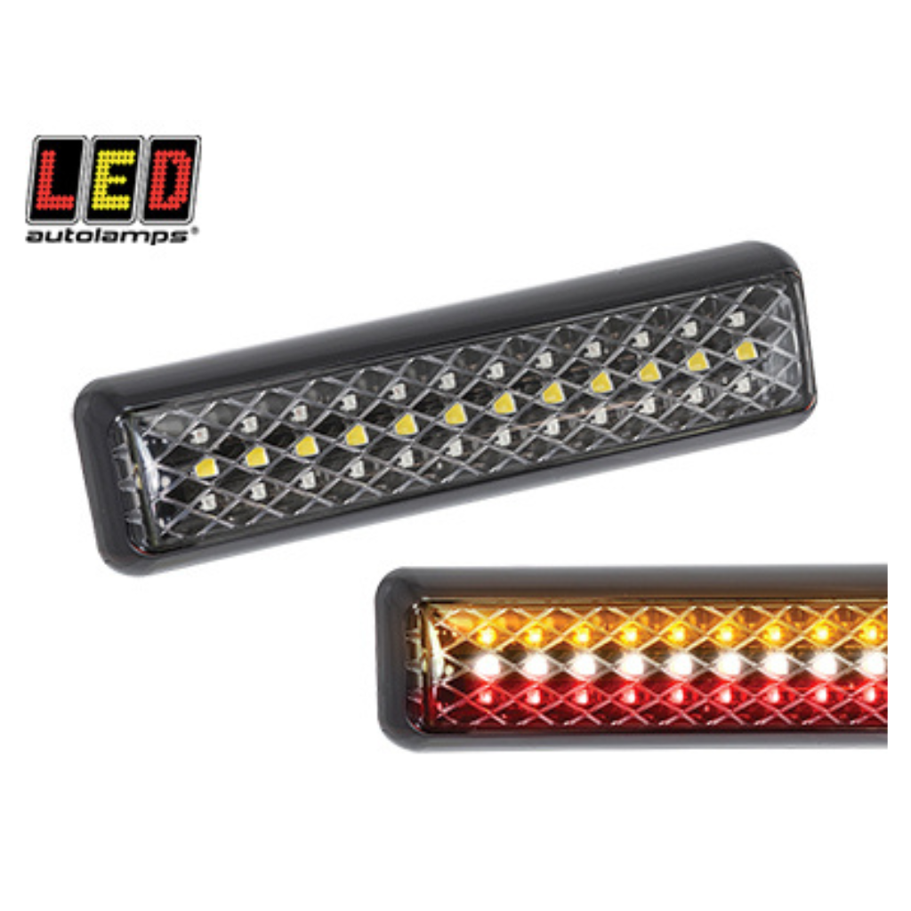 LED aizmugurējais lukturis slaids, 4 funkcijas (gabarīts, bremzes, pagrieziens, atpakaļgaita), melns kronšteins, 12–24 V, IP67, ECE, 200 × 50 × 28 mm