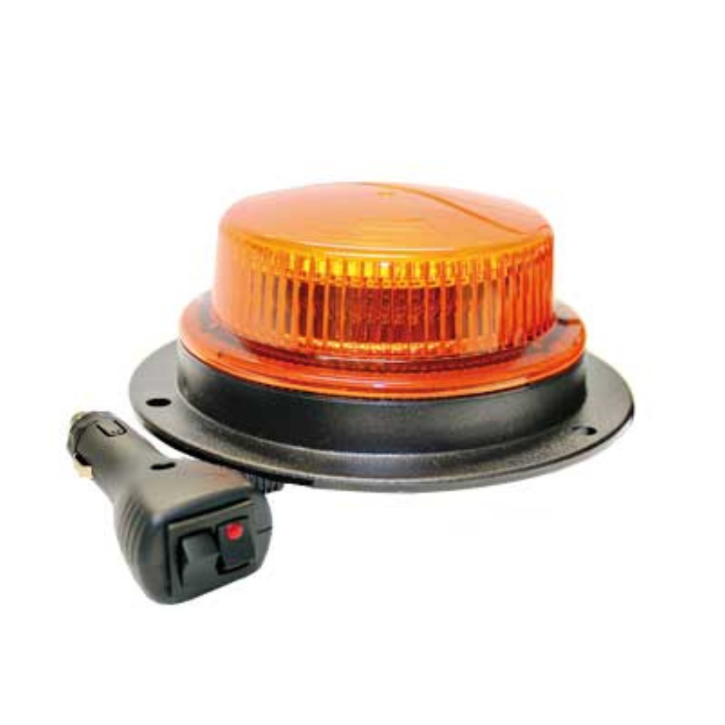 10-30V LED Flasher, ø130x50mm, gul, LED: 16 x SMD, låg profil, infästning: magnetfot, kabel med stickpropp: 2400 mm, on-off och blixtfunktion med stickpropp. IP65, ECE E-apt.
