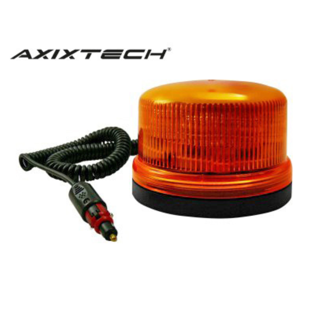 AXIXTECH LED bākuguns Ø142×80 mm, oranža, magnēts, cigarešu spraudnis/DIN, 8 LED, 11 režīmi, 12–24 V, ECE R65/R10