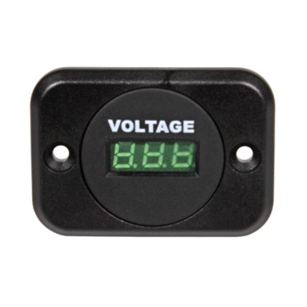 Voltmeter 6-33 V, Ø37 mm, LED display, mounting hole 29 mm, mounting panel 45×63 mm, screw distance 48 mm, connectors 2×6.3 mm