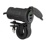 USB- USB-C  lādētājs ar stiprinājumu, Darba spriegums 12-24V DC, USB-A 3.0 uzlādes ports + USB-C uzlādes ports, noņemams stieņa kronšteins, max 2x3A 5V izeja, 2m kabelis,