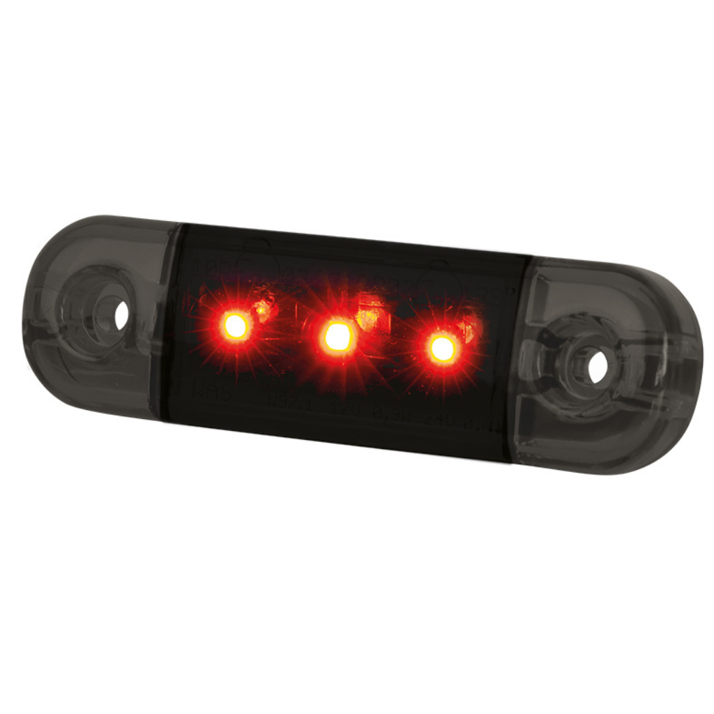 STRANDS – LED gabariidituli, 3 LED, punane, 12–24 V, IP66/68, ECE R7/R10, 84 × 24 × 10 mm, juhe 1 m