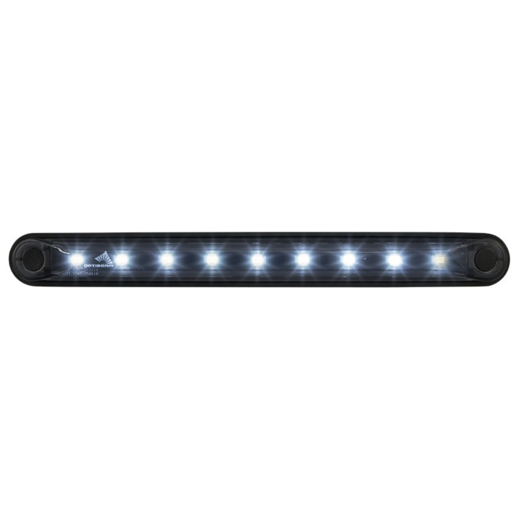OPTIBEAM Dark Phantom LED gabarītlukturis balts, 10–36 V, IP67, 9 LED, 239,4 mm, 2 kontaktu atvērtais kabelis