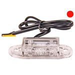 10-30V Sarkanā LED marķiergaisma, paredzēta iebūvēšanai līdzenā virsmā, ar 2 LED diodēm, vads 0,5 m, skrūvju attālums – 58 mm.