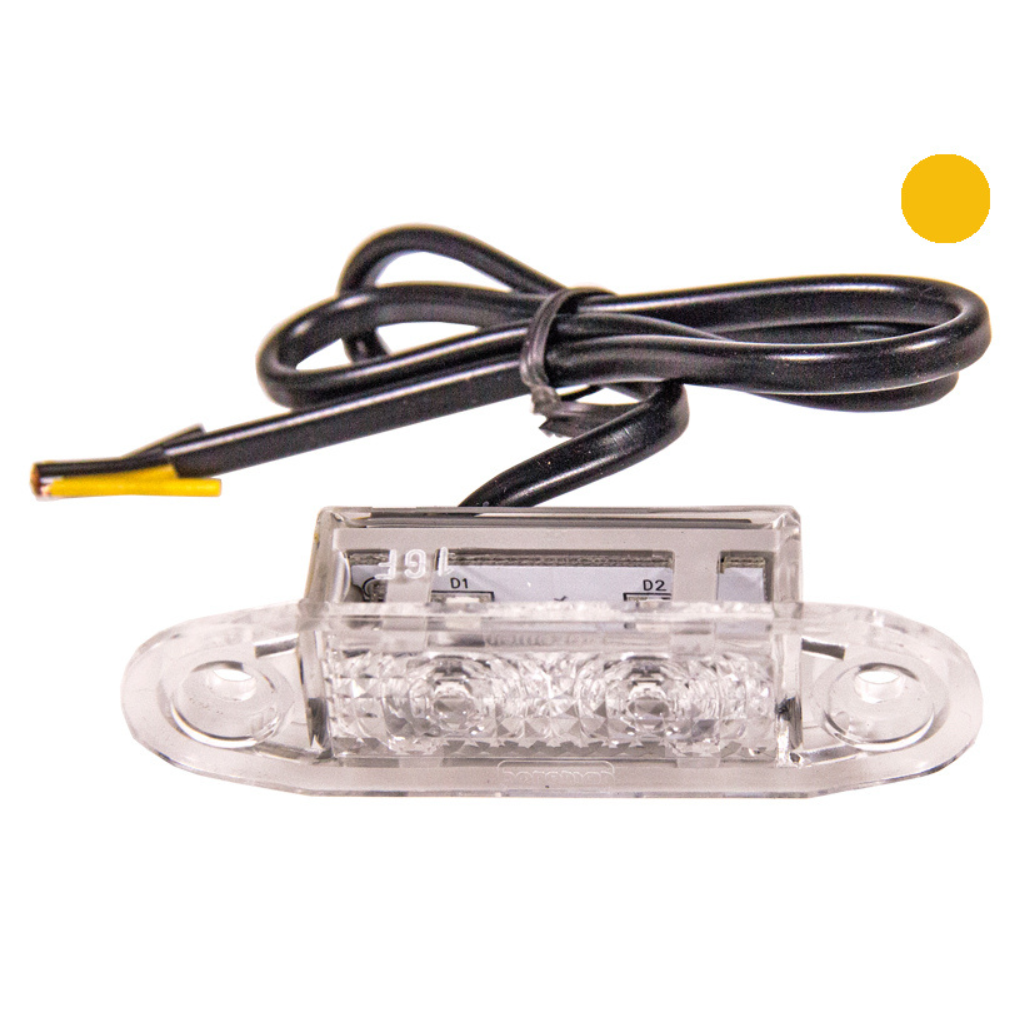 10-30 V kollane LED-märgutuli, 2 LED-iga, ilma E-kinnituseta. Juhtme pikkus 0,5 m, kruvi kaugus 58 mm.