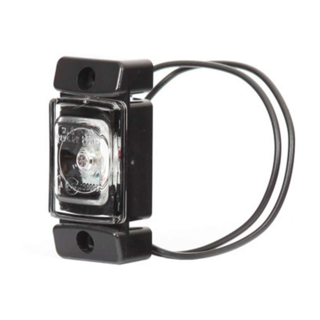 LED marķiergaisma 12–24 V, caurspīdīga, priekšējā gabarītgaisma, ECE, IP66/68, stiprinājuma atveres 2×Ø5 mm, attālums 58 mm, vadi 220 mm 0,75 mm², 72×32×23 mm