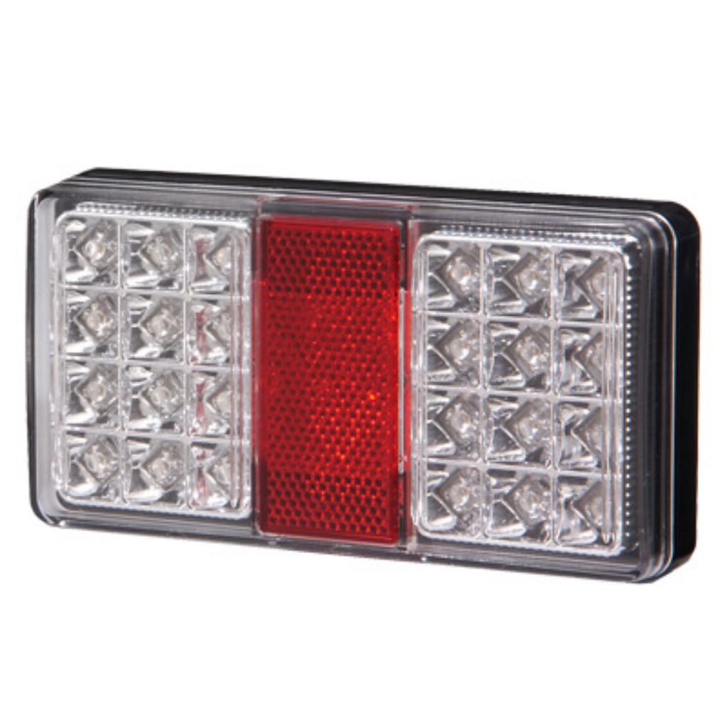 AUTOLINE universāls – LED aizmugurējais lukturis, 3 funkcijas (pagrieziens, bremzes, gabarīts), 12–24 V, 150 × 80 × 25 mm