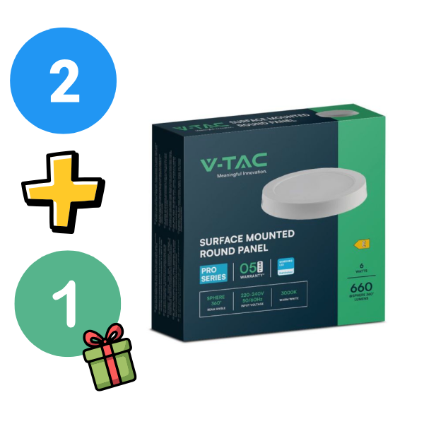 Komplekts 2+1 dāvanā_6W(660Lm) LED panelis virsapmetuma apaļš, IP20, V-TAC SAMSUNG, balts, silti balta gaisma 3000K (Copy)