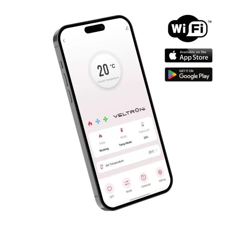 Veltron infrasarkanais dīzeļdegvielas sildītājs DHOE-150 ar Wi-Fi, 17.4 kW, sudraba krāsā