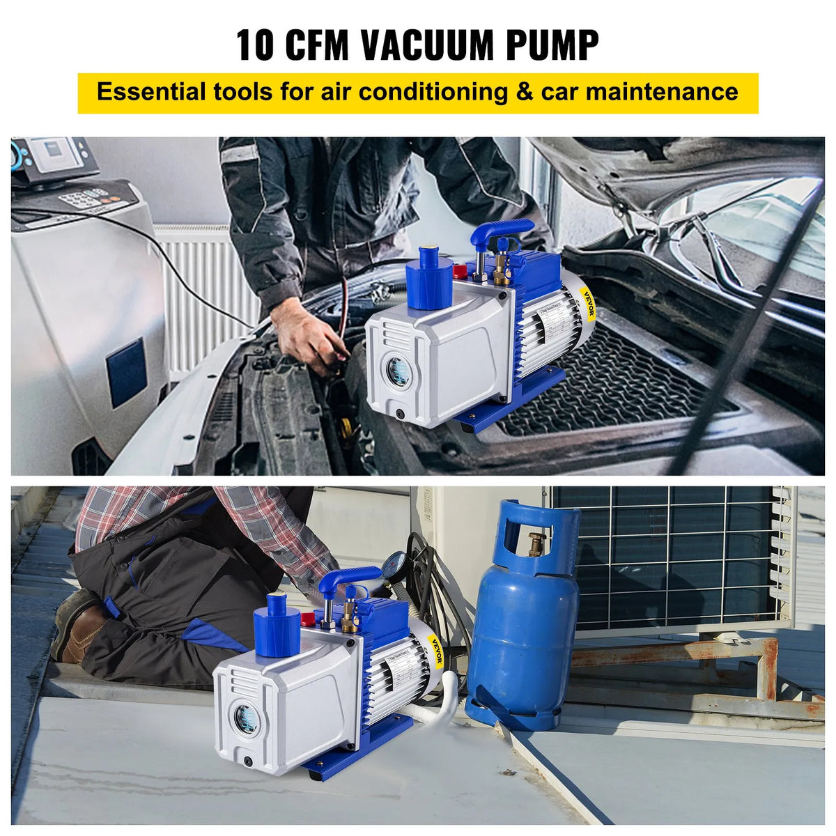 VEVOR divpakāpju rotācijas lāpstiņu HVAC vakuuma sūknis 717 l/min, 746 W (1 ZS), galīgais vakuums 0,3 Pa, paredzēts automobiļu A/C sistēmu vakuumēšanai un remontam