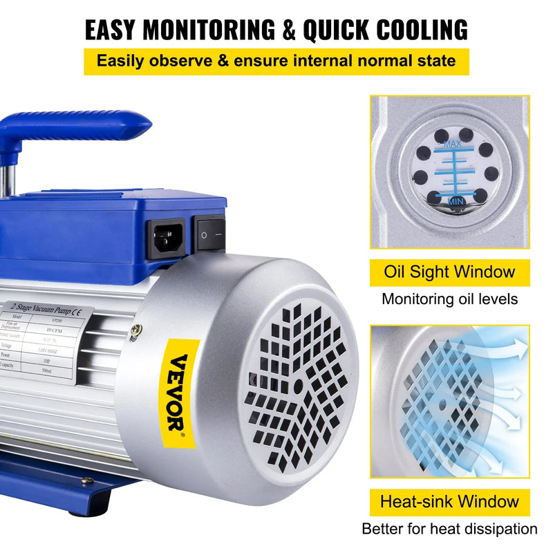 VEVOR divpakāpju rotācijas lāpstiņu HVAC vakuuma sūknis 717 l/min, 746 W (1 ZS), galīgais vakuums 0,3 Pa, paredzēts automobiļu A/C sistēmu vakuumēšanai un remontam